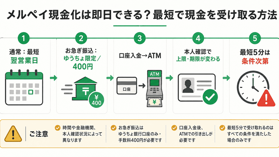 メルペイ現金化は即日できる?最短で現金を受け取る方法