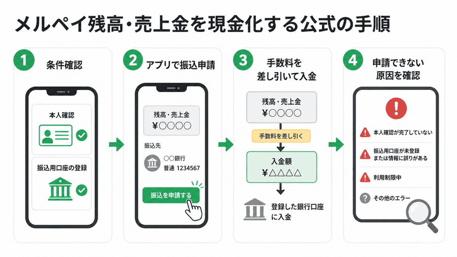 メルペイ残高・売上金を現金化する公式の手順