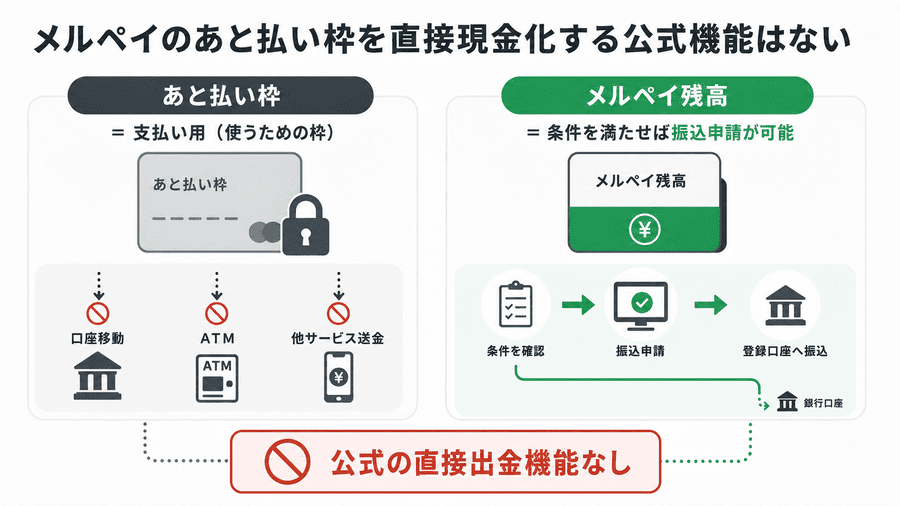メルペイのあと払い枠を直接現金化する公式機能はない