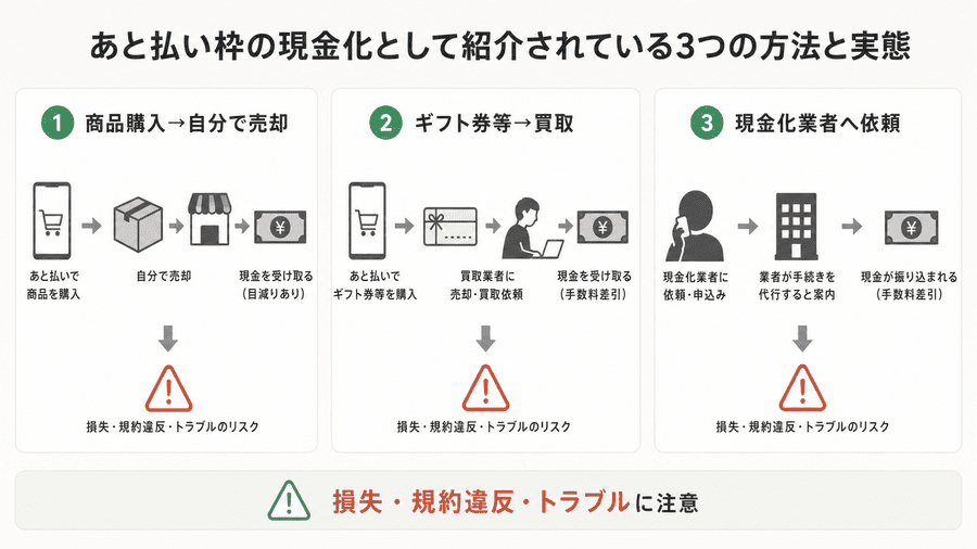 あと払い枠の現金化として紹介されている3つの方法と実態