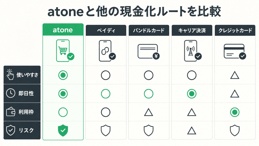 atone(アトネ)現金化と他の後払いアプリ・現金化手段の比較
